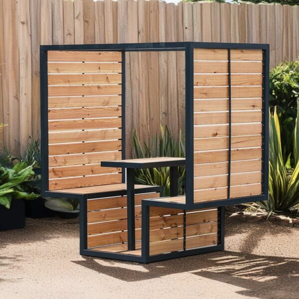 Banquettes et table Pausa, innovantes et modernes : créez un véritable coin détente pour vos pauses déjeuner en extérieur, à l’abri du soleil ou de la pluie.