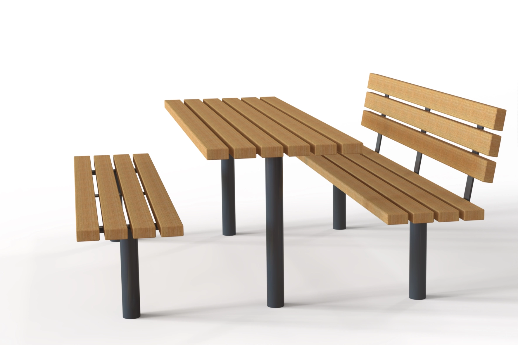 Table extérieure en mélèze ou bois dur naturel avec bancs assortis, conçue pour une utilisation durable en plein air.