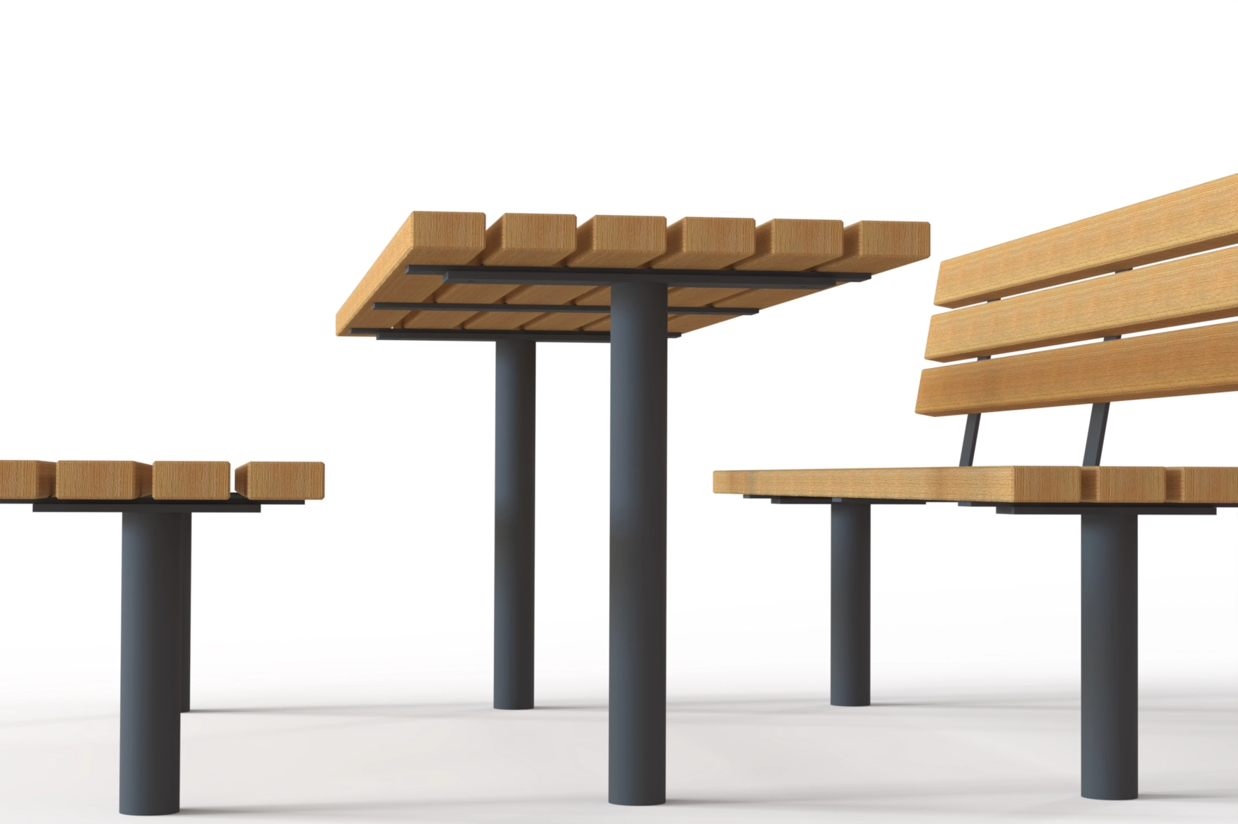 Table de jardin robuste en mélèze ou bois dur avec piètement métallique, spécialement adaptée aux jardins privés.