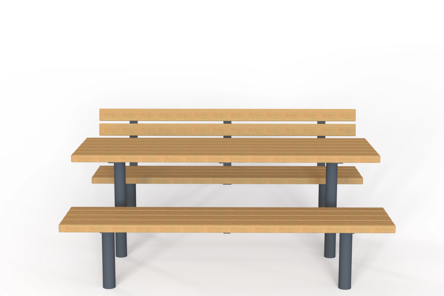 Table extérieure en mélèze ou bois dur avec structure en métal thermolaqué.