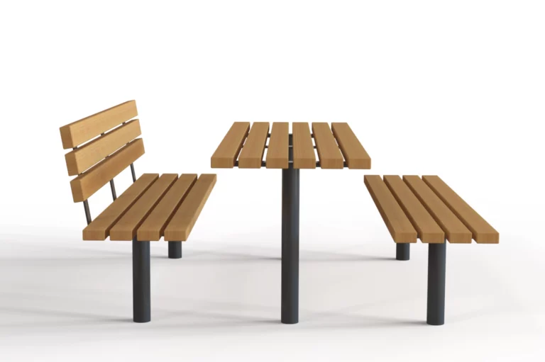 Table de jardin en bois massif avec pieds en métal robuste, parfaite pour terrasse et espace extérieur contemporain.