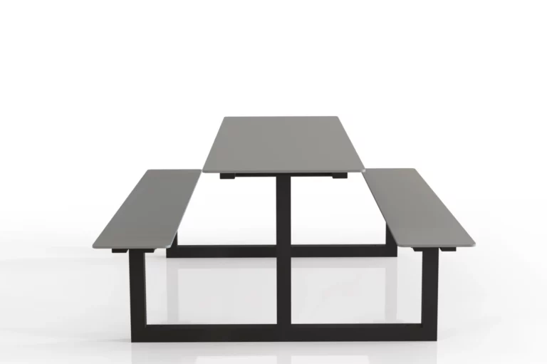 Vue frontale de l’ensemble table-banc Tibia HPL en acier galvanisé