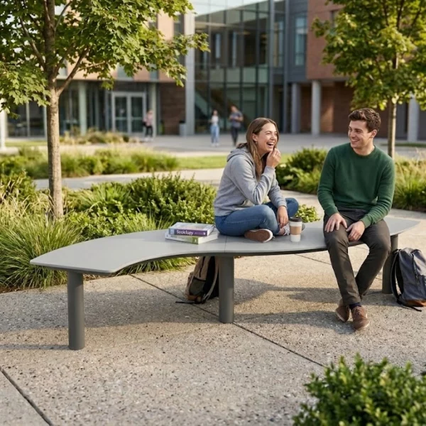 Banc circulaire Tibia HPL avec structure en acier dans un espace extérieur de campus