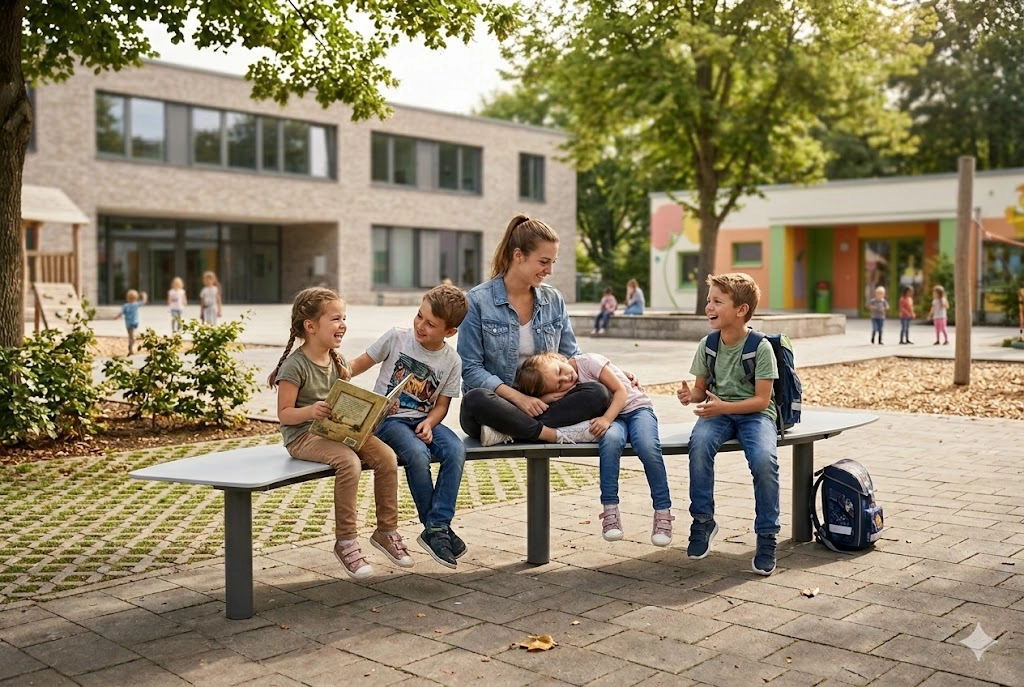 Banc circulaire Tibia HPL installé dans une cour d’école