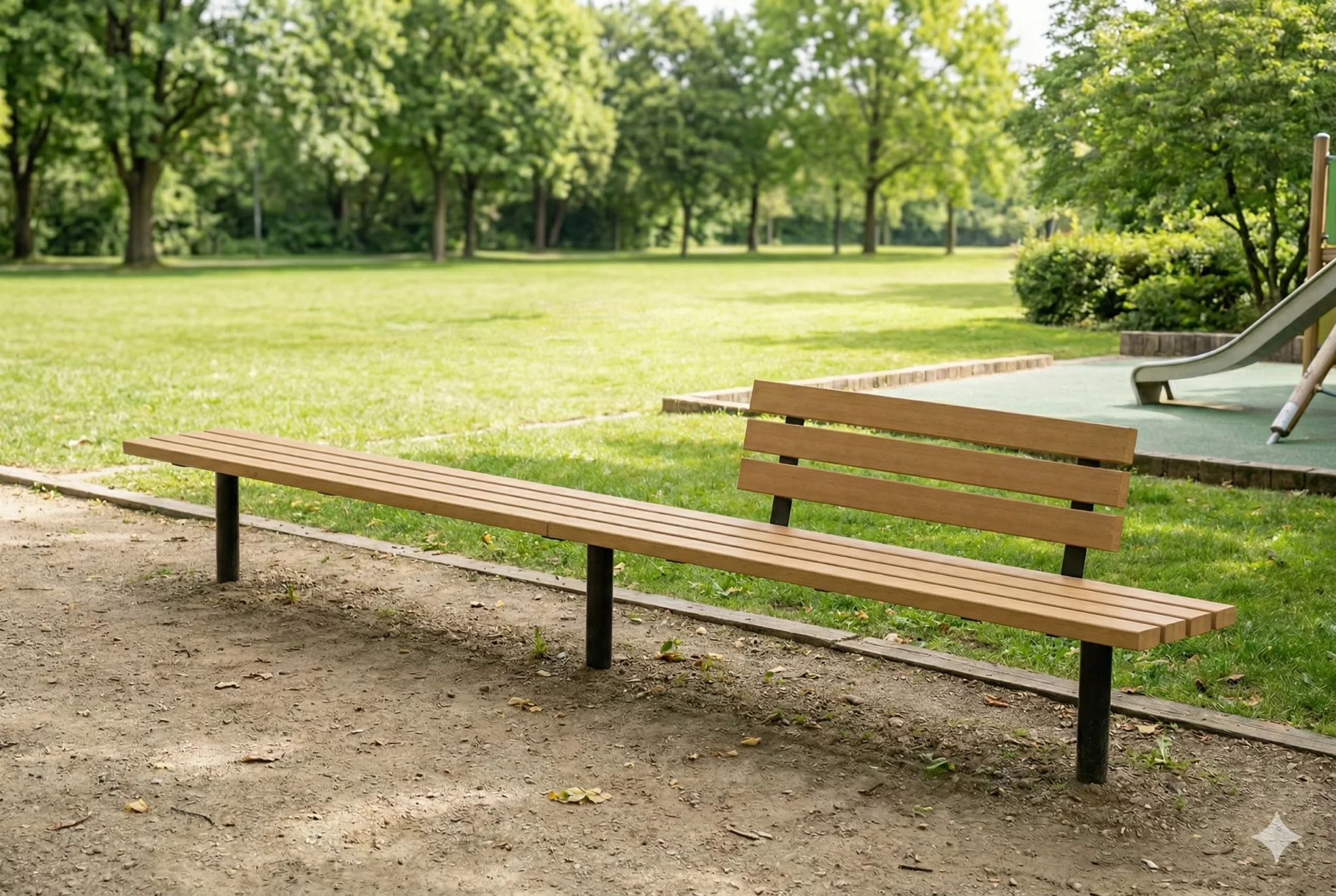 Banc modulaire Tabia avec assise en bois dans un parc