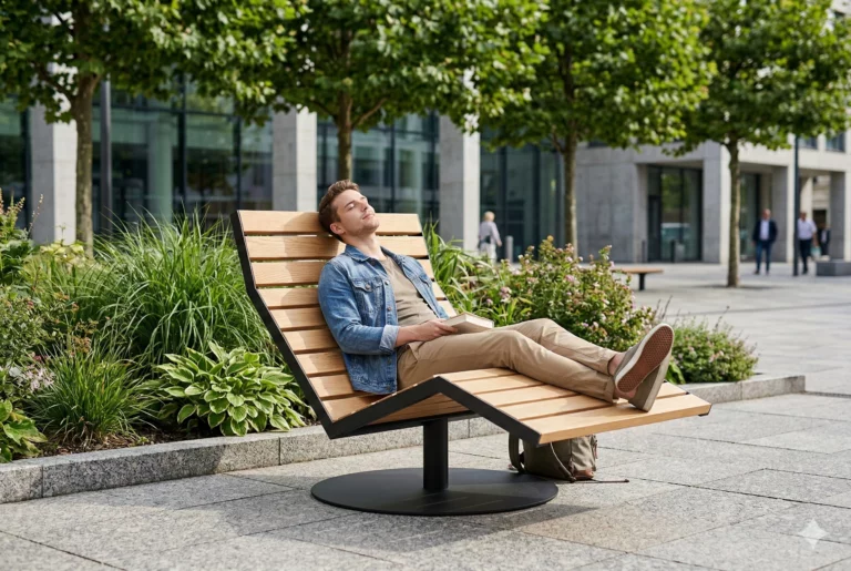 Banc lounge Silentia pivotant en bois et acier pour extérieur