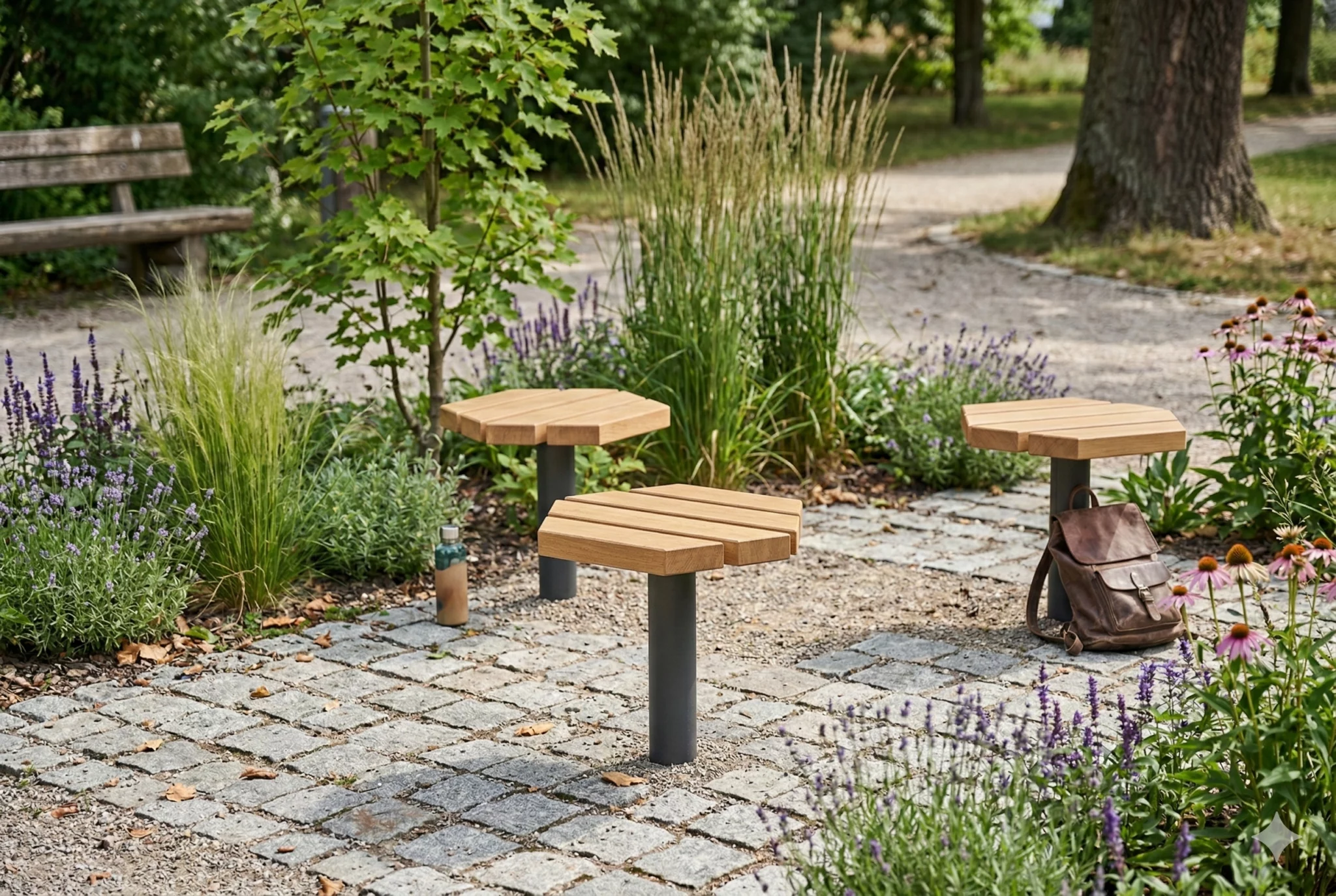 Tabouret Tabia en bois et acier utilisé comme mobilier urbain dans un parc