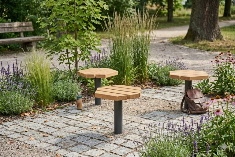 Tabouret Tabia en bois et acier utilisé comme mobilier urbain dans un parc