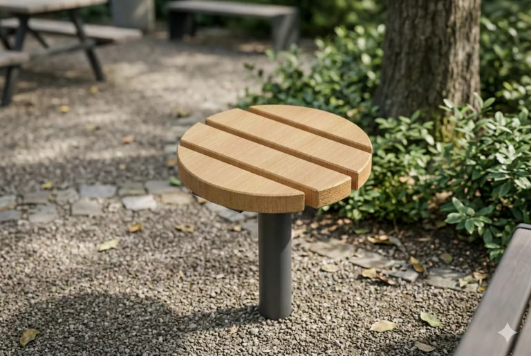 Tabouret Tabia rond avec assise en bois et structure en acier pour extérieur