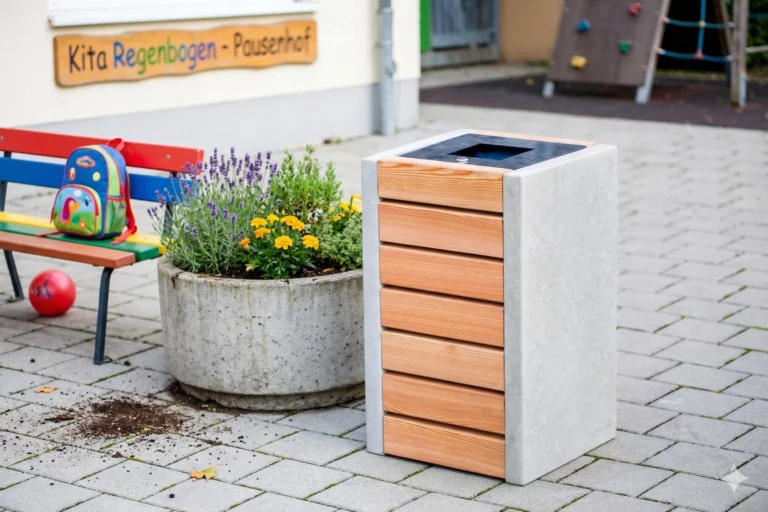 Poubelle en bois extérieur Primus installée dans une cour d'école.