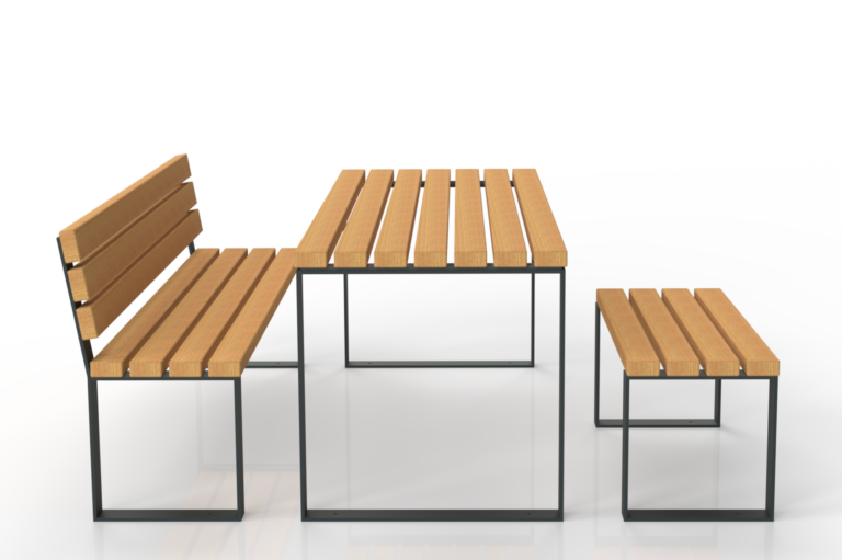 Table d’extérieur Nobilis en bois et métal avec banc et tabouret assortis