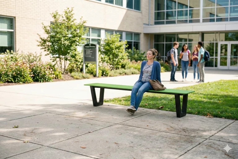 Banc HPL extérieur installé devant un établissement scolaire
