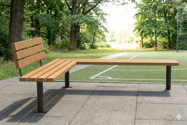 Banc de parc d’angle Tabia en bois avec dossier et structure métallique