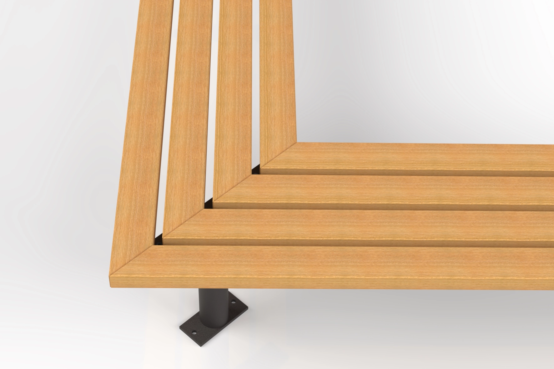 Détail de l’angle à 90° du banc d’angle extérieur Tabia en bois