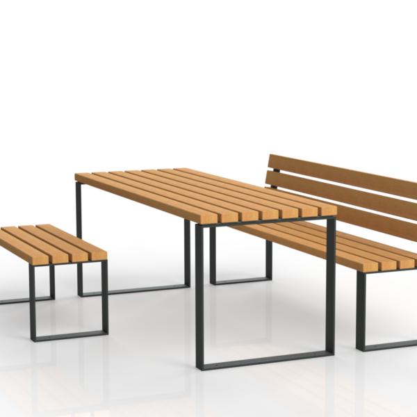 Table bois et noir Nobilis avec bancs en bois pour aménagement extérieur