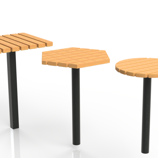 Table haute mange-debout Tabia en bois avec plateaux rond, carré et hexagonal