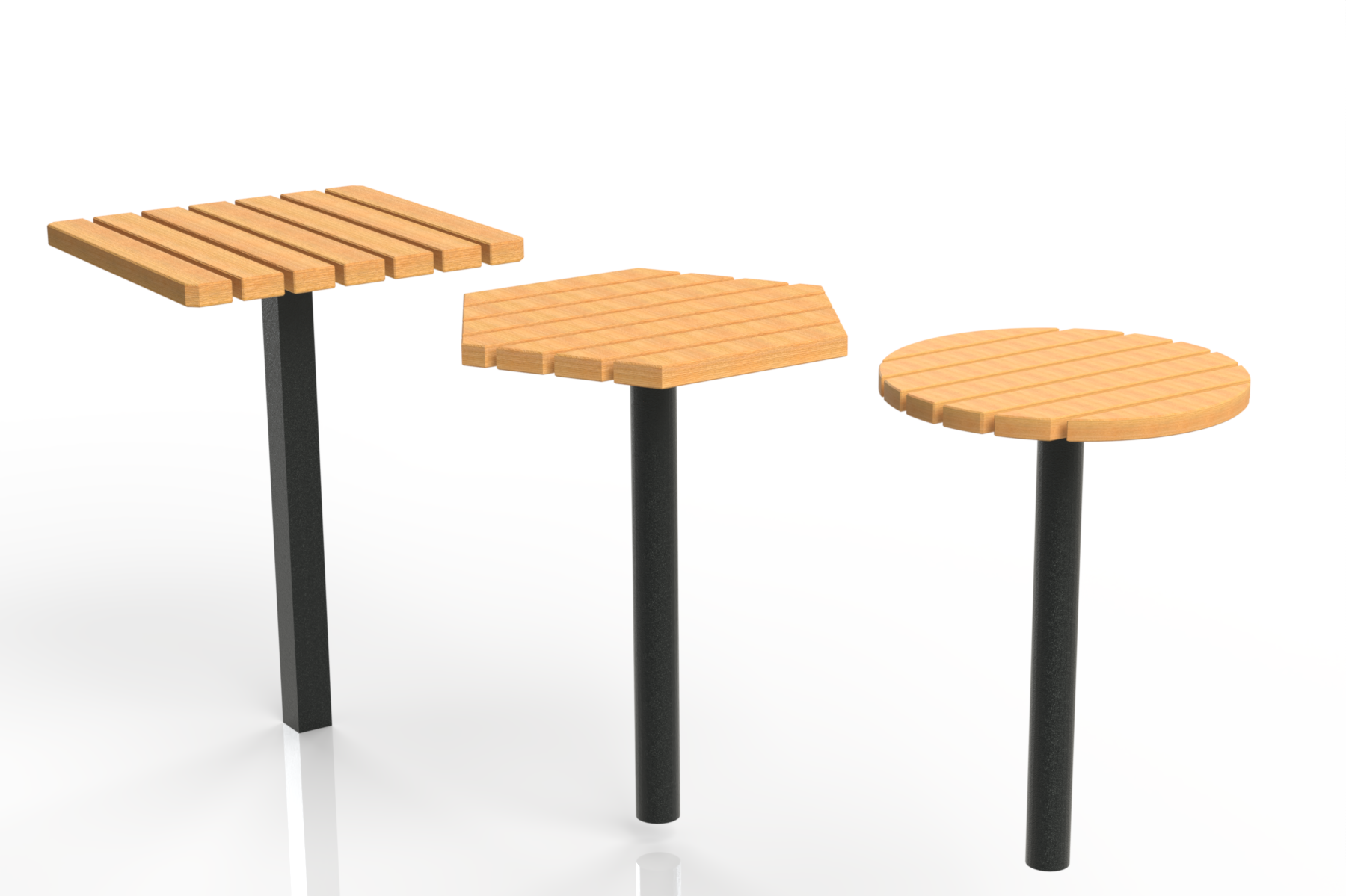 Table haute mange-debout Tabia en bois avec plateaux rond, carré et hexagonal
