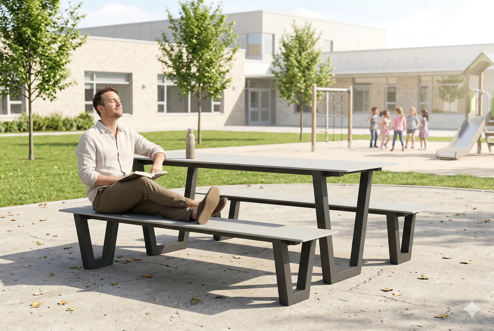 Table avec plateau en HPL Frigus et bancs assortis pour espaces extérieurs