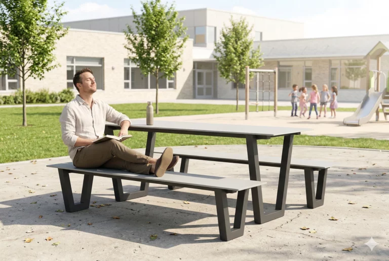 Table avec plateau en HPL Frigus et bancs assortis pour espaces extérieurs