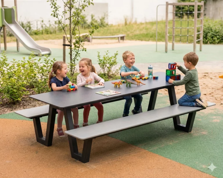 Table d’extérieur pour école Frigus HPL avec bancs hauteur enfants