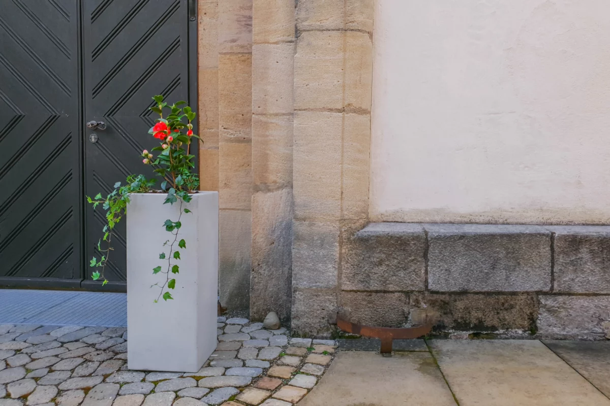 Bunt bepflanzter Trog aus Beton steht in öffentlichem Bereich