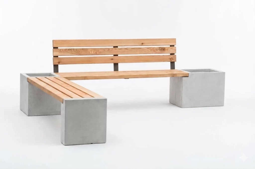 Eckbank Primus aus Beton und Holz mit Pflanzkasten