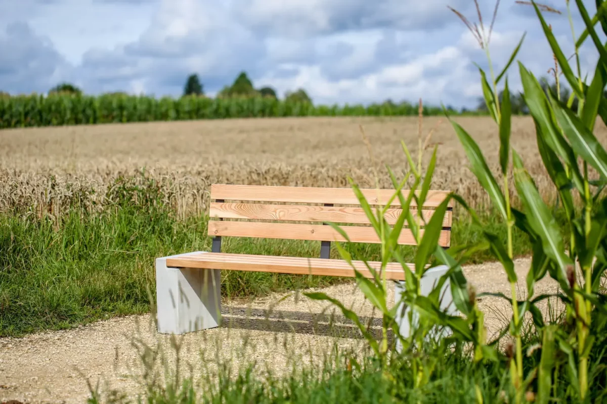 Sitzbank aus Holz & Betonfüßen mit optionaler Lehne