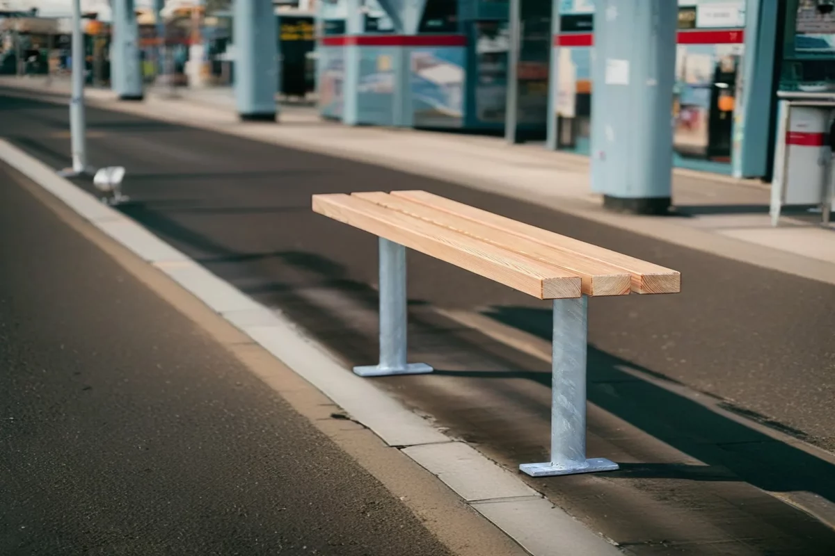 Sitzbank aus Stahl und Lärchenholz steht an einer viel befahrenen Straße