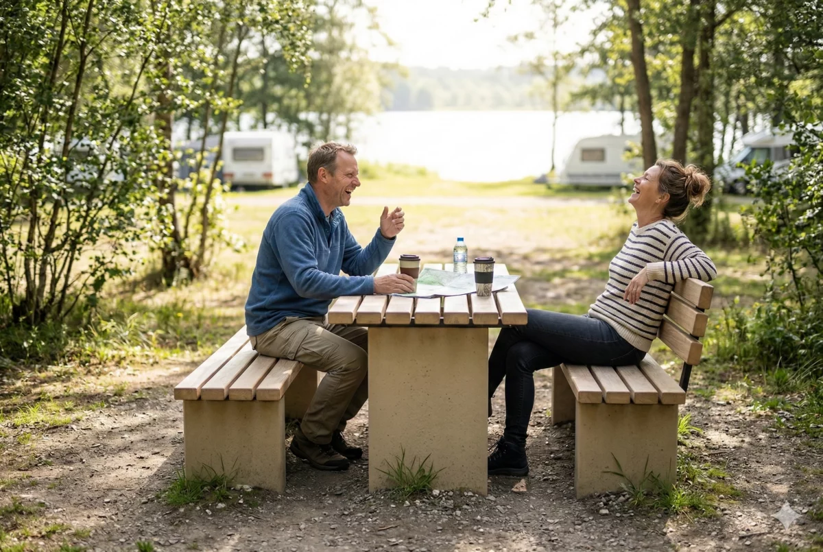Urbaner Tisch aus massivem Beton und Holz mit Sitzbänken für Parks und öffentliche Plätze