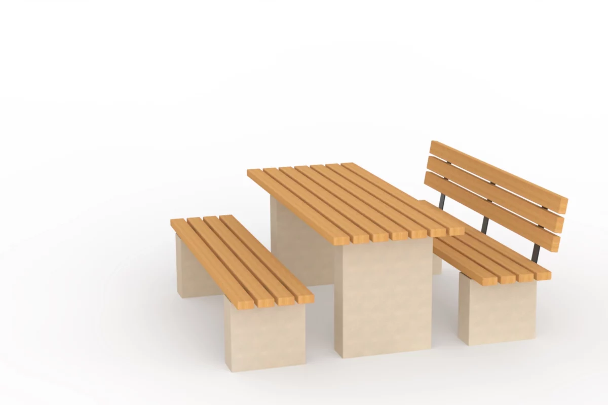Urbaner Tisch Rota mit Holzauflagen und massivem Betonunterbau für moderne Städte und Parks