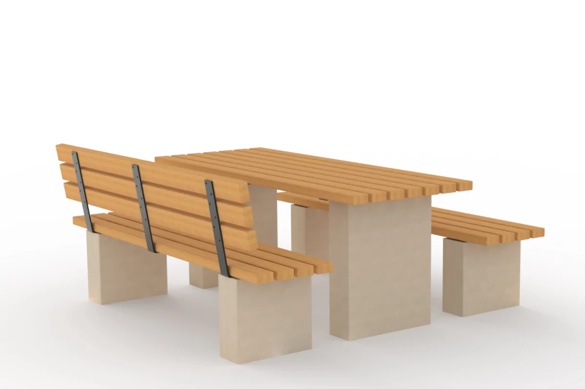 Moderner Picknicktisch aus massivem Beton und Holz für urbane Parks und Außenbereiche