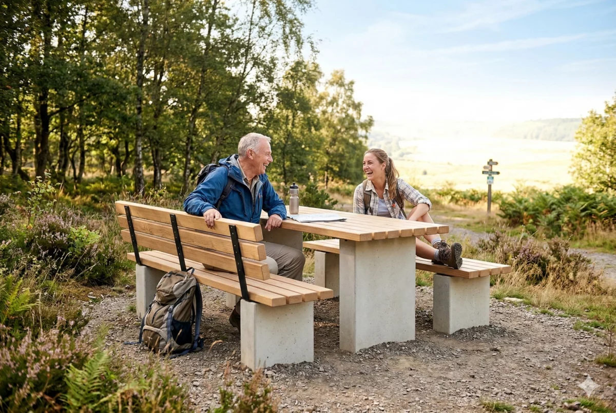 Barrierefreie Picknick-Sitzgruppe aus Holz und massivem Beton für Parks und öffentliche Außenräume