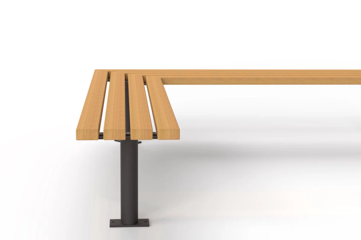 Eckbank Tibia mit Montageoptionen, entweder direkt auf Boden oder 15 cm erhöhte Montage auf Pflaster
