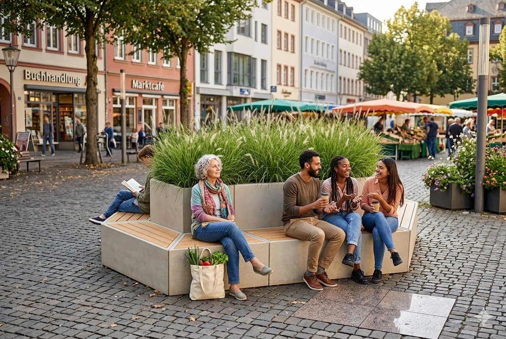 Sitzanlage aus modularen Betonblöcken mit Pflanzkübel auf Marktplatz