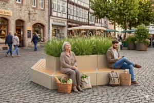 Sitzanlage aus modularen Betonblöcken mit Pflanzkübel auf Stadtplatz