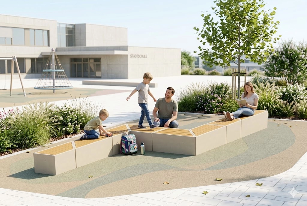 Modulare Beton Sitzanlage mit Holzauflagen auf Schulhof