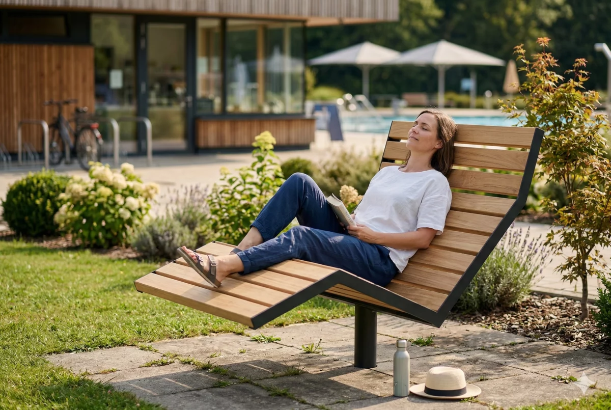 Drehbare Liegebank Silentia mit Holzauflage und Stahlkonstruktion