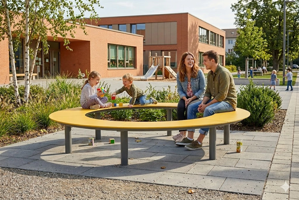 Runde Sitzbank Tibia HPL mit Stahlgestell