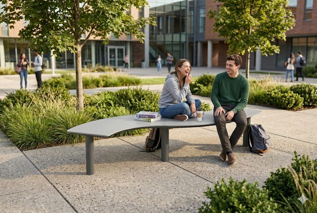 Rundbank Tibia HPL mit Stahlgestell in moderner Campusanlage