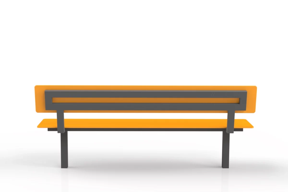 Moderne Parkbank Tibia aus Stahl mit HPL-Auflage und Lehne