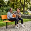 Moderne Parkbank Tibia aus Stahl mit HPL-Auflage und Lehne